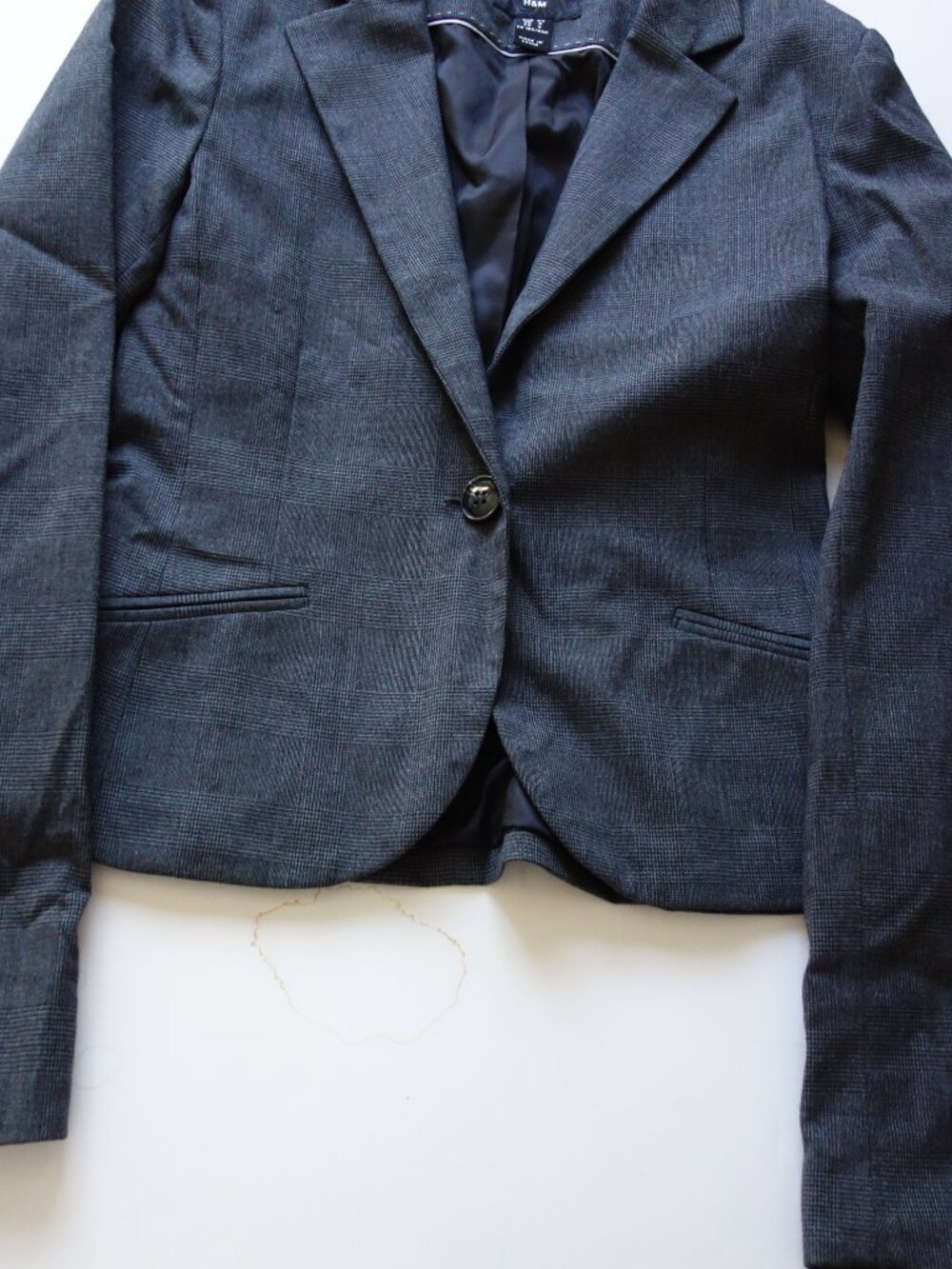 H & M US Size 4 Plaids & Checks Fitted Blazer Gray/Multi One Button in Front